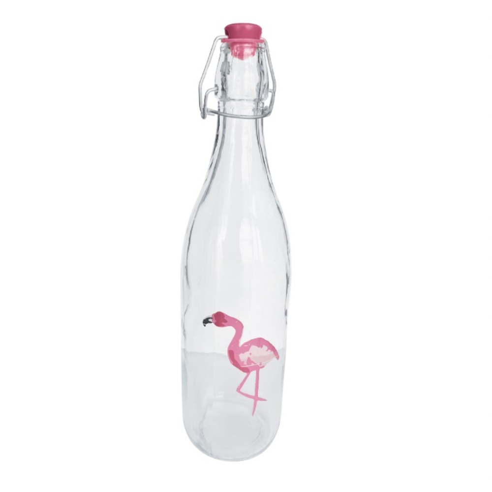 FLAMINGO WATER BOTTLE || TRANSPARENT, PINK || ATTACHED LID || 14"